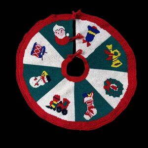 Vintage Christmas Tree Skirt Handmade Kitsch Santa Snowman Train Wreath READ